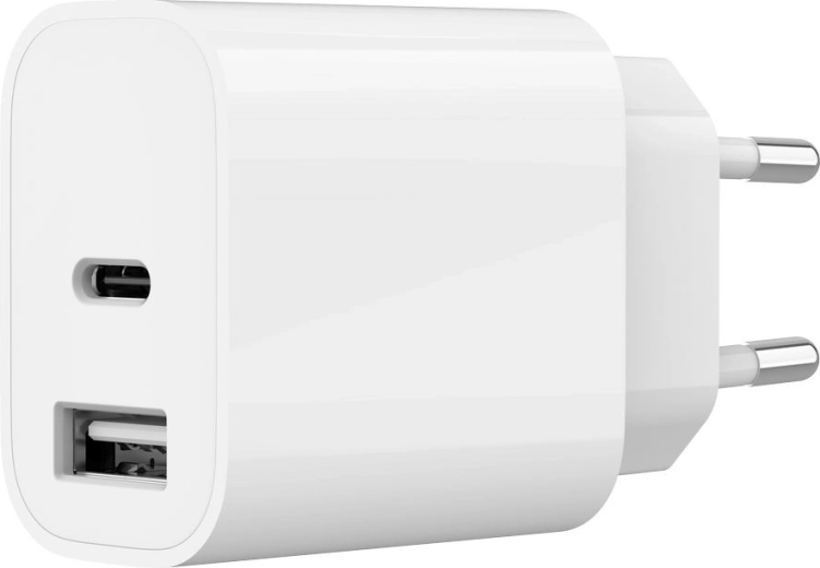 Universal netoplader USB med 2 porte (USB‑A + USB‑C) 2,4 A, hvid