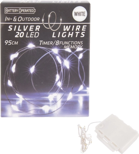 LED-lyskæde på tråd med timer, 20 LED, hvid