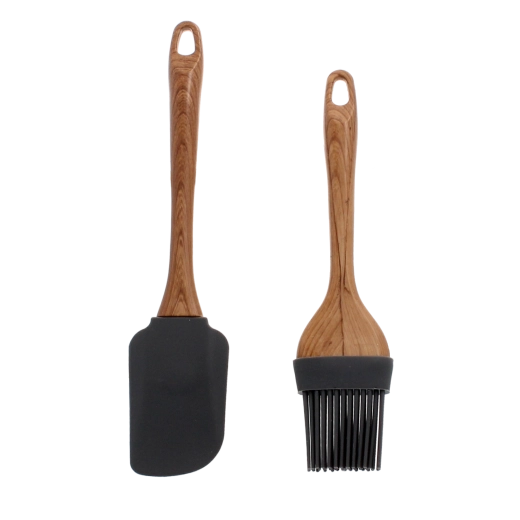 Todelt sæt køkkenredskaber med silikone og træhåndtag