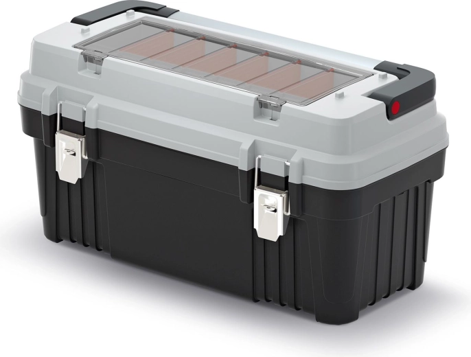 Værktøjskasse OPTIMA med metalhåndtag og låse, skillevægge, 586 × 296 × 305 mm, grå