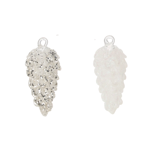 Glasjulepynt hvid kogle, forskellige mønstre, sæt 6 stk.