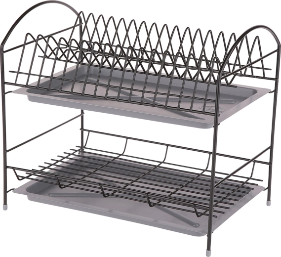 To-etagers opvaskestativ 40 cm med drypbakker, sort