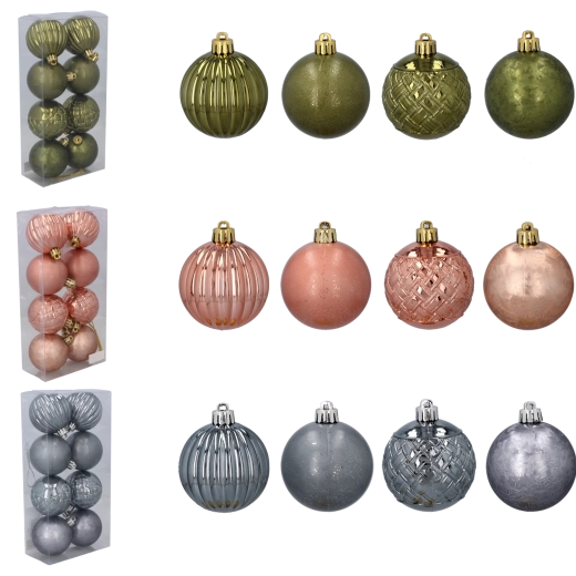 Sæt med julekugler 6 cm – oliven-, kobber- og grafittoner, 8 stk.