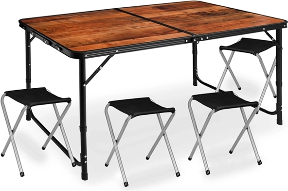 Sammenklappeligt campingsæt med bord og 4 skamler i træimitation, 5-i-1 i kuffert