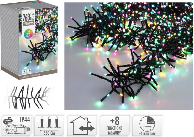 Jule-LED lyskæde 5,6 m, 768 dioder, regnbuefarver, 8 funktioner med timer, til indendørs og udendørs brug