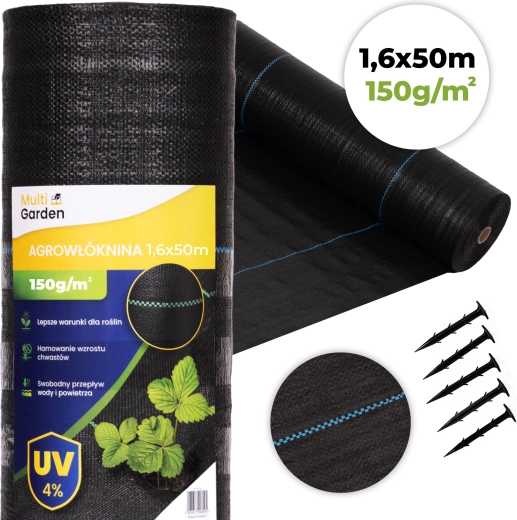 UV-bestandigt ukrudtsdug 150 g/m² 1,6 × 50 m med klips MultiGarden