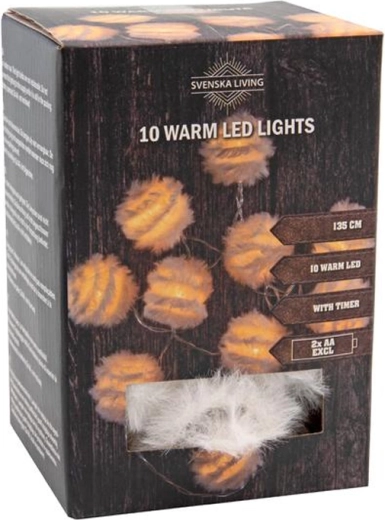 Julelyskæde med 10 LED-kugler med fjer og timer 1,35 m – varmt hvidt lys