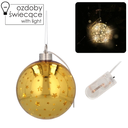 Glaskugle til jul 10 cm med gyldne stjerner og LED-belysning, sæt med 6 stk.