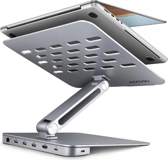 Axagon HMC-STND aluminiums 7-i-1 USB-C hub med stander til bærbare 10–16", HDMI 4K/60 Hz, 3x USB-A, GLAN, PD 100 W, 60 cm kabel