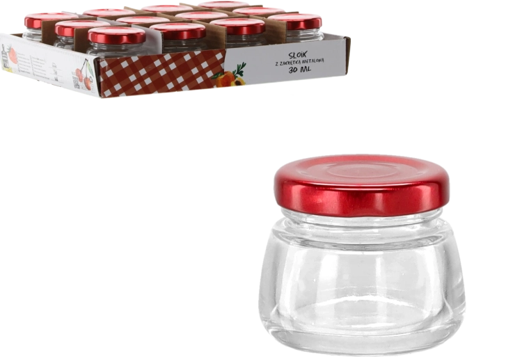 Glas på 30 ml med rødt metal­låg
