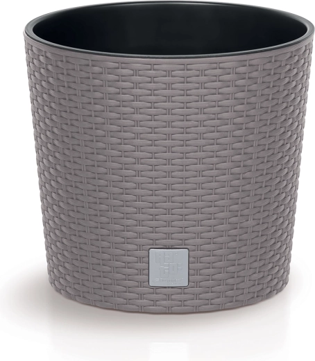 Plastkrukke med rattan-look Rato Round 40 cm med indsats, mocca