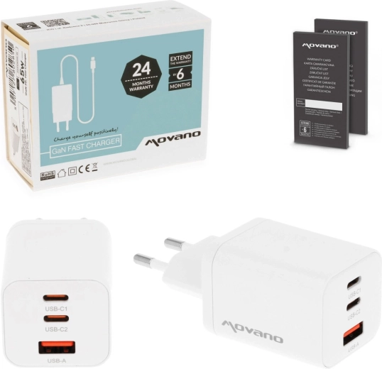 Movano GaN-oplader 65 W, 2× USB-C PD + USB-A hvid