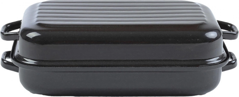 Emaljeret bradepande med låg 40 × 26 cm – 2-delt, rillet bund