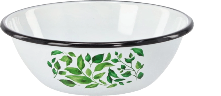 Emaljeskål 0,6 l, diameter 16,5 cm, hvid med ficusmotiv