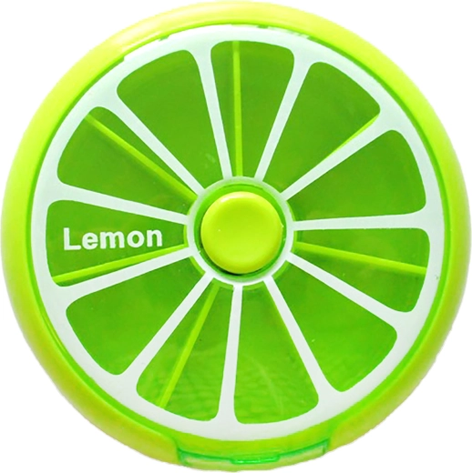 Rund pilledispenser med citronmotiv 9 × 2,5 cm