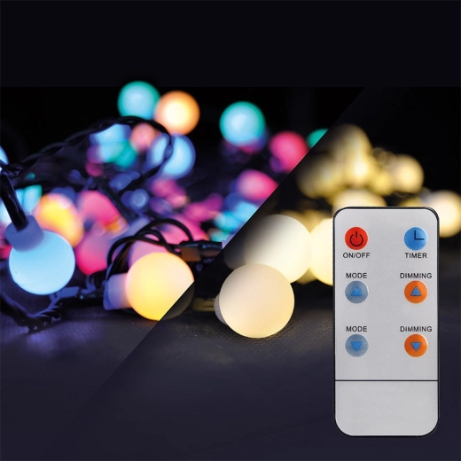 Solight udendørs LED-julekæde 2-i-1 med kugler og fjernbetjening, 100 LED, RGB + neutral hvid, 10 m + 5 m, IP44
