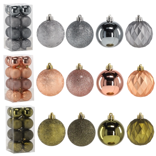 Sæt med julepynt 6 cm – oliven, kobber og grafit, 16 stk.