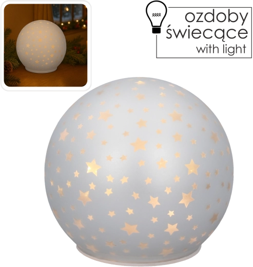 Glaskugle med LED og stjernemotiv 12 × 11 cm