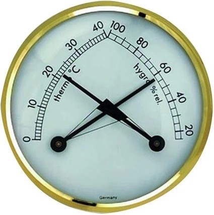 Metalt termometer og hygrometer med messingring, diameter 7 cm, vægmonteret