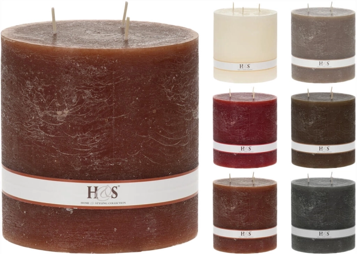 Rustik cylinderlys 14 × 14 cm med 3 væger – farvemix