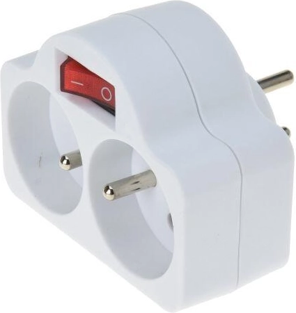 Stikdåse-dobbeltadapter med ON/OFF-afbryder, 2 udtag, hvid
