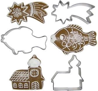 Sæt af udstikkere i rustfrit stål til småkager – komet, karpe og lille kirke, 10 stk.