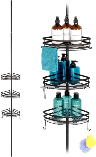 Hjørne teleskopisk brusehylde i metal, sort, justerbar