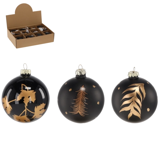 Glasjulekugler 8 cm – sorte med dekor, sæt 12 stk.