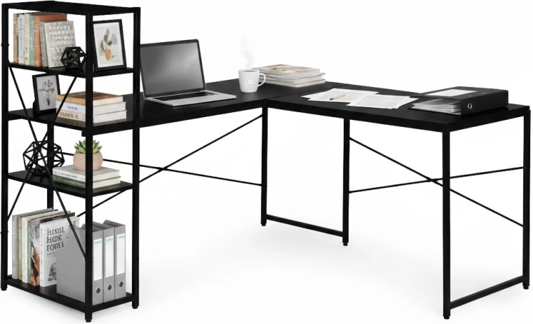Hjørnecomputerskrivebord med hylder, 3 niveauer, sort loftstil ModernHome