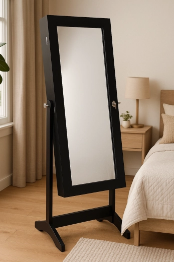 Sort smykkeskab med fritstående spejl 41,5 × 36,5 × 147 cm