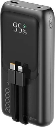 Powerbank 20.000 mAh med integrerede kabler, PD 20 W og LCD, sort