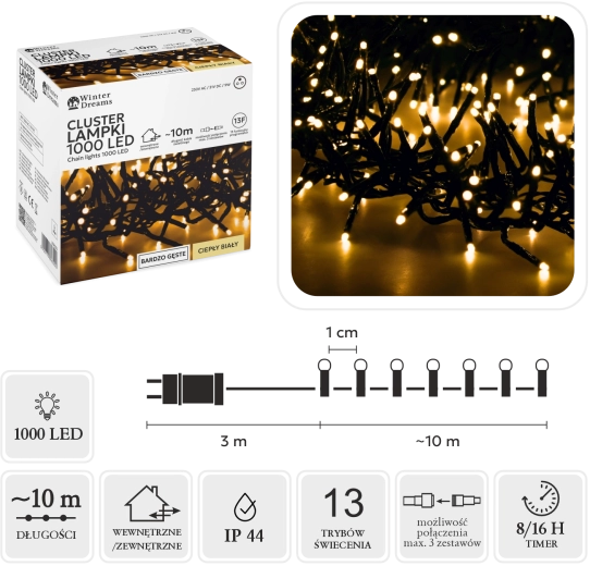 LED-lyskæde Cluster 1000 LED varm hvid 10 m