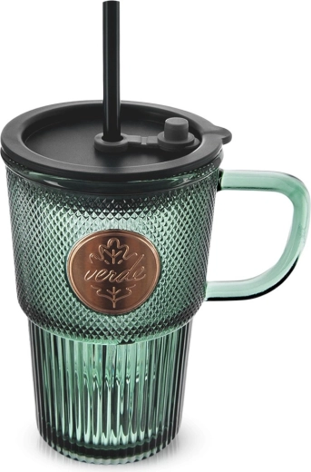 Glaskrus med låg og sugerør VERDE 450 ml