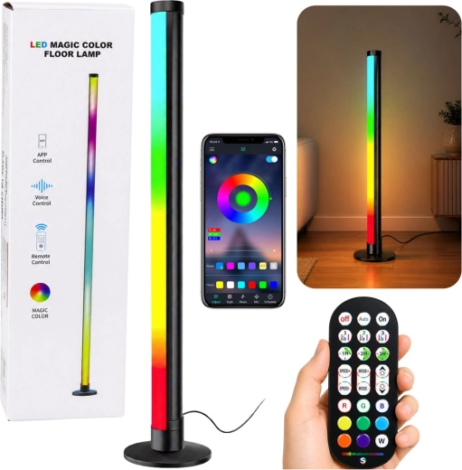 RGB LED hjørne-gulvlampe 90 cm med musiktilstand, app og fjernbetjening