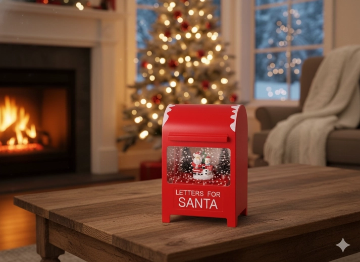 Julepostkasse med LED spilledåse, rød, 15 × 12 × 23 cm
