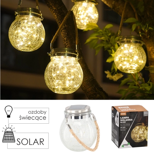 Solcelledrevet hængelygte i form af krukke af krakeleret glas 12 × 12 × 14,5 cm, varm hvid