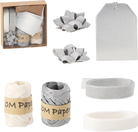 Julesæt til gaveindpakning – sølv og hvid, 11 dele