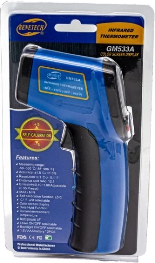 Berøringsfrit laser-infrarødt termometer (pyrometer) Benetech -50 til 530 °C, blå - 1 stk.