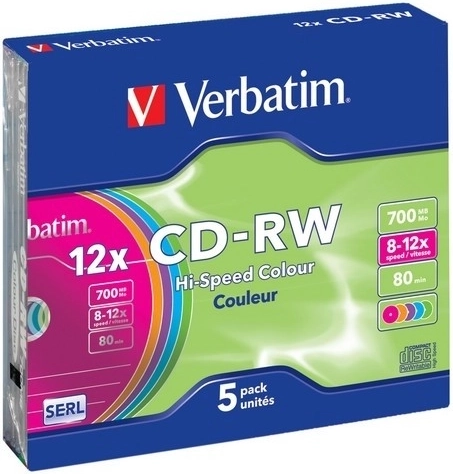 Verbatim CD-RW Colour 700 MB 12x i Slim Case – 5 stk.