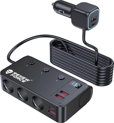 Renew Force-bilstrømfordeler med 3 udtag og 4 USB-porte