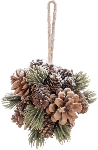 Hængende juledekoration: kugle af kogler med sneeffekt, 12 cm