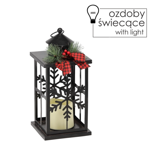 Jule lanterne i sort metal med LED og snefnug, 31,5 cm