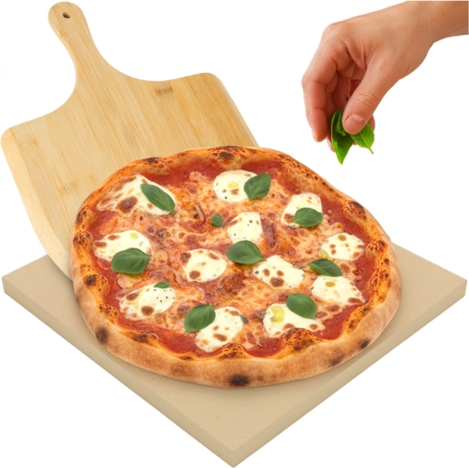 Pizzasten Ruhhy 38 × 36 cm med bambusspade 2-i-1 (kordierit)