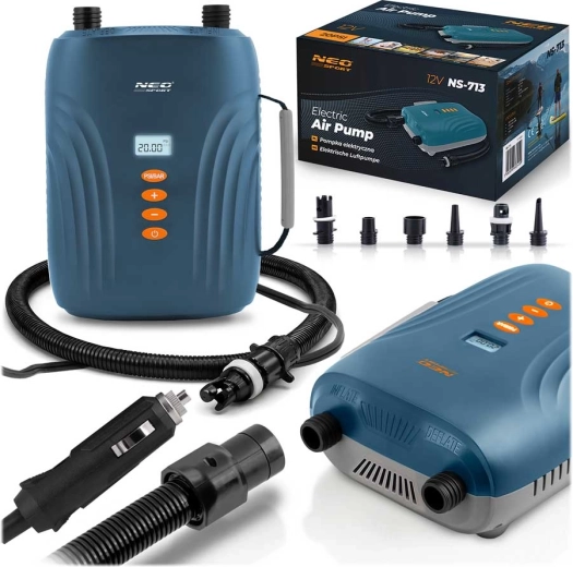 Elektrisk pumpe til SUP, madrasser og både 12 V med 6 mundstykker NEO-SPORT