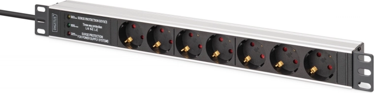 PDU-liste til 19" rack med overspændingsbeskyttelse og EMI/RFI-filter, 7 Schuko-udtag, 2 m kabel, CEE 7/7 stikprop, 16 A