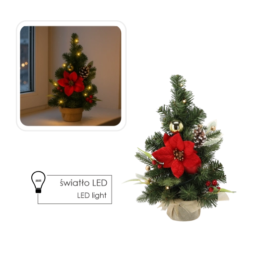 Bordjuletræ 40 cm med varme LED, rød‑guld