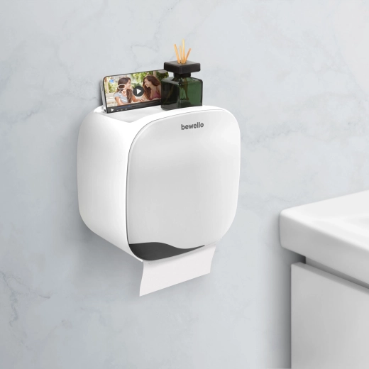 Vægmonteret toiletpapirholder med hylde Bewello hvid