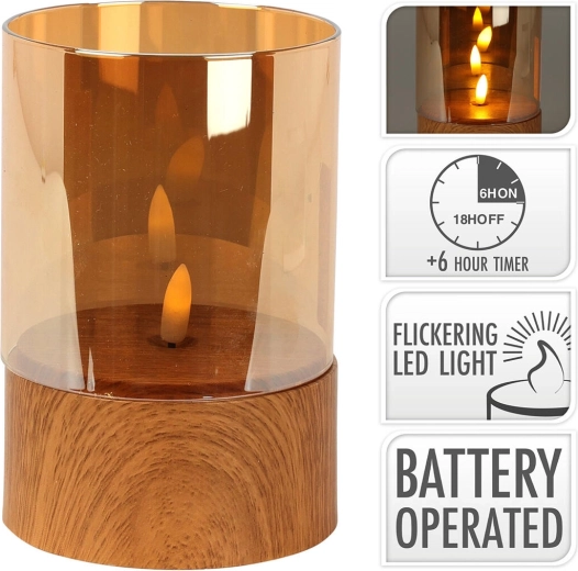 LED-lys med flimrende flamme og timer, træimitation, ravfarvet glas, 10 × 15 cm