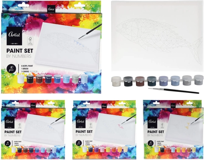 malersæt med fortrykt motiv – akrylfarver, lærred 24 × 30 cm og pensel