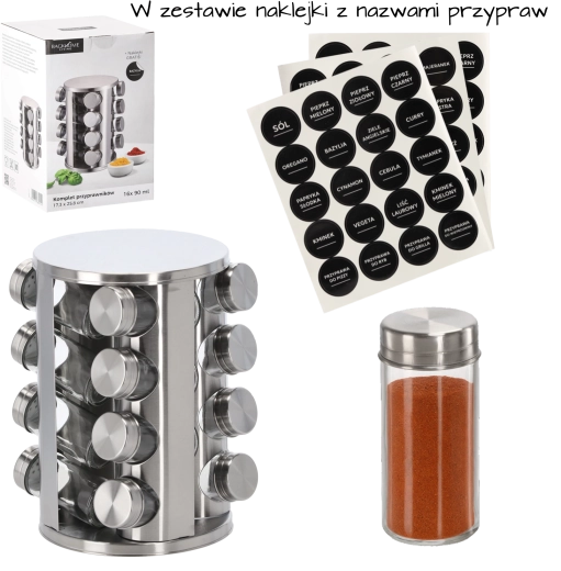 Drejeligt rundt krydderistativ i rustfrit stål med 16 glasbægre